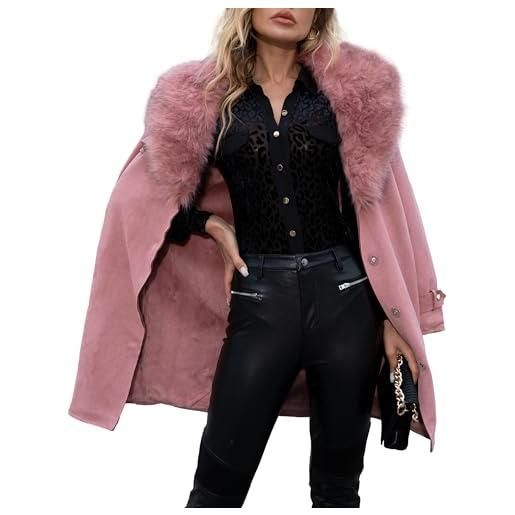 Giolshon giacca a vento da donna in ecopelle scamosciata, lungo cappotto invernale caldo con collo in pelliccia staccabile ff20 rosa l
