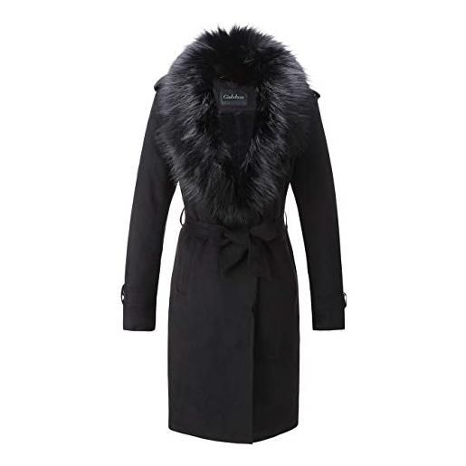Giolshon giacca a vento da donna in ecopelle scamosciata, lungo cappotto invernale caldo con collo in pelliccia staccabile ff20 nero xxl