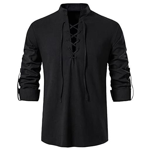 YAOHUOLE camicia in lino da uomo in cotone classico con lacci a maniche lunghe camicia casual scozzese ghillie camicia, nero , l