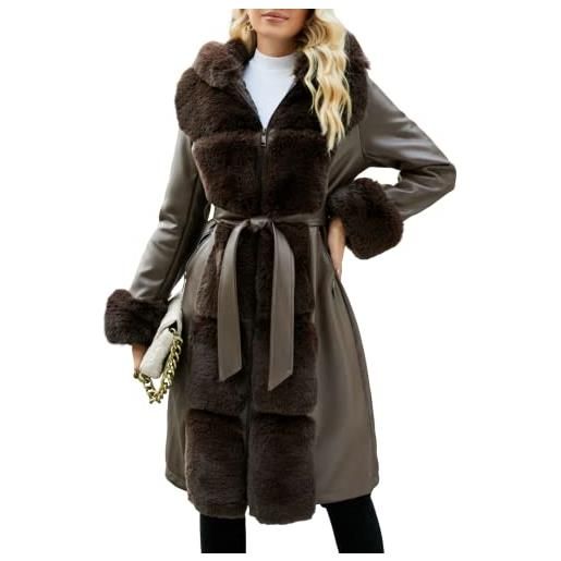 Giolshon giacca donna in ecopelle foderata in pelliccia con cappuccio e collo in pelliccia cappotto lungo con cintura addensato 244 caffè s