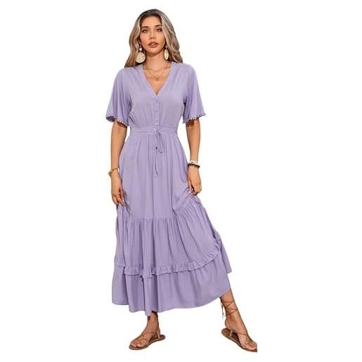 R.Vivimos abito boho estivo donna abito sexy scollo a v bottoni manica corta vestito elegante con volant orlo abito lungo maxi da spiaggia casual per le vacanze(xl, bianco rosa)