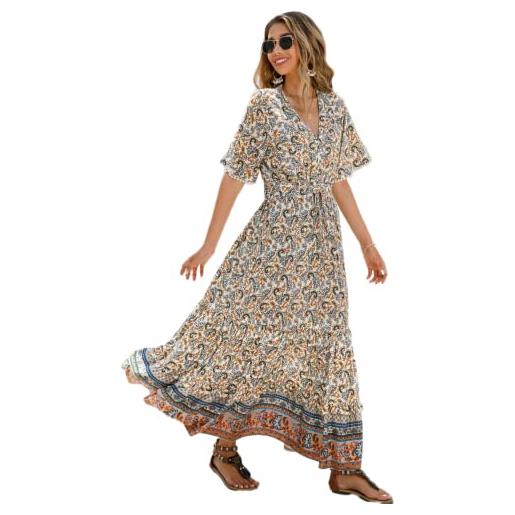 R.Vivimos abito boho estivo donna abito sexy scollo a v bottoni manica corta vestito elegante con volant orlo abito lungo maxi da spiaggia casual per le vacanze(l, blu)