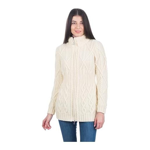 SAOL - cardigan da donna in 100% lana merino, con zip intera, stile irlandese - marrone - xl