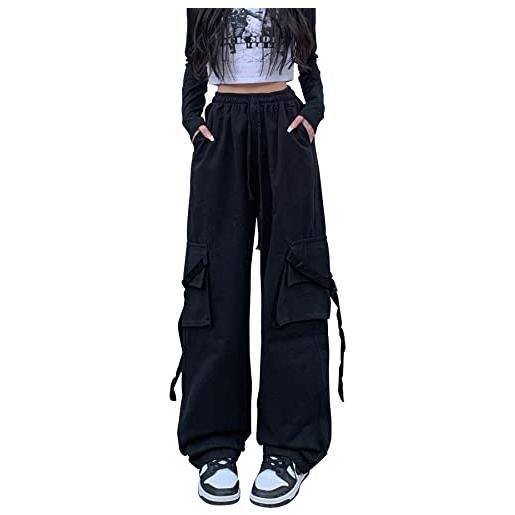 Linsennia y2k pantaloni cargo donna larghi streetwear wide leg parachute pants con tasche cinghia vita alta goth