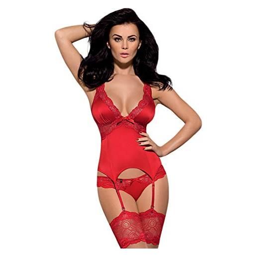 Selente love & fun birichino completo intimo a 3 pezzi: guepiere o corsetto, tanga ed esclusiva benda per occhi in raso, fucsia, s-m