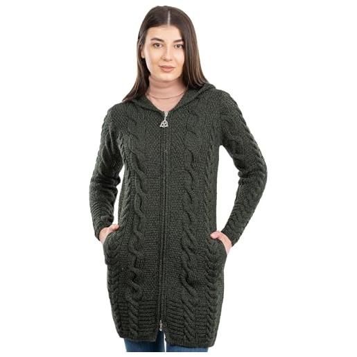 SAOL cappotto irlandese del cardigan con cappuccio in maglia di lana merino al 100% , verde militare, s