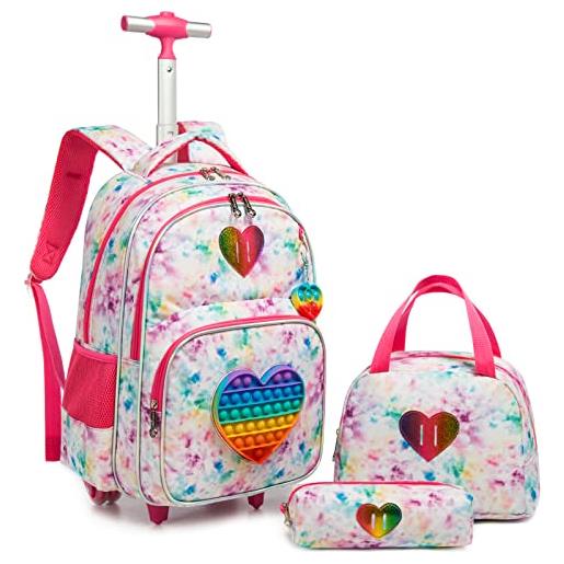 Egchescebo carrello porta zaino trolley scuola media elementare astuccio bambina trolley ragazza con ruote per zaino lunch box, 3pcs borsa a rotelle rainbow girls con giocattolo a forma di cuore