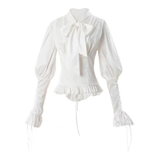 Fiamll camicetta da donna vittoriana vintage con fiocco, colletto alto con volant a maniche lunghe, bianco #4. , l/xl