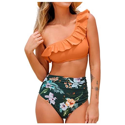 CUPSHE bikini set per le donne costume da bagno a vita alta controllo pancia una spalla volant, arancione e floreale, xl