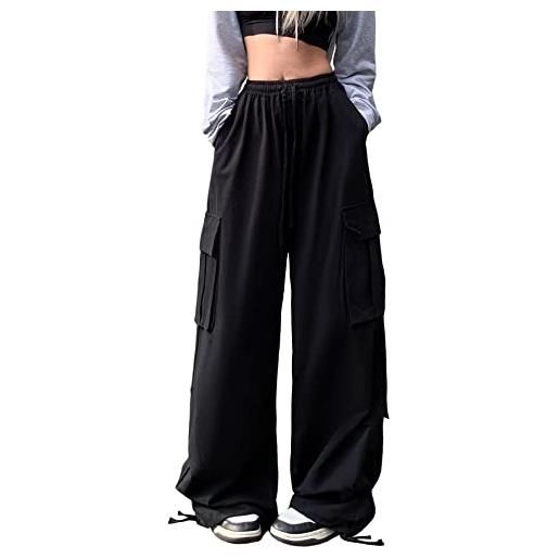 Linsennia parachute pants larghi pantaloni cargo donna wide leg y2k pantaloni tuta vita alta streetwear hip hop goth (army green, m)
