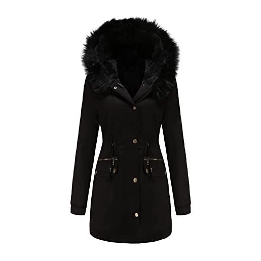 MEYOCEYO parka donna invernale lungo giacca caldo cotone cappotto con cappuccio in pelliccia antivento outdoor giubbotto parka nero m