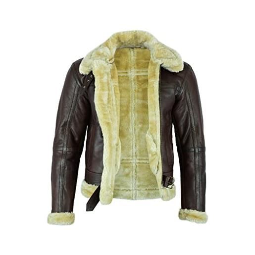 Leatherick giacca in pelle marrone con spesso shearling montone flying jacket (l)