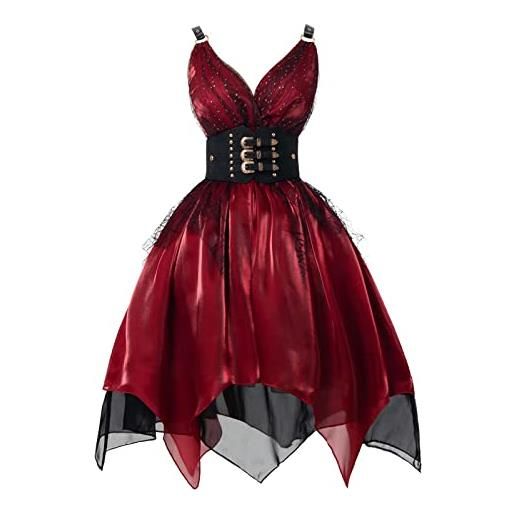 FCCAM sling gothic abito da donna con cintura in vita, abito da cocktail irregolare in pizzo, stile vintage, rosso, colore: rosso, xxl