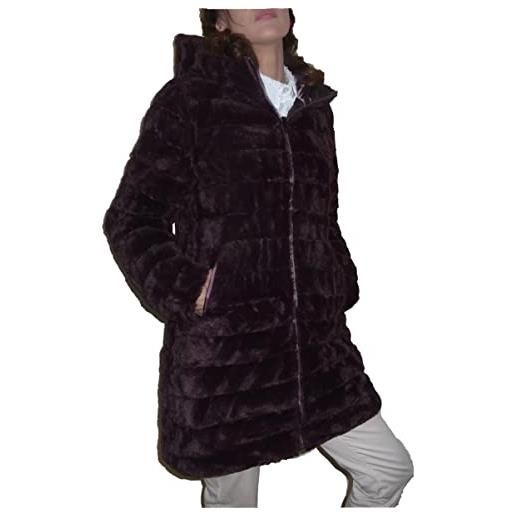 Fantasy pelliccia ecologica reversibile piumino imbottito lunga ragazza donna cappuccio (4xl 54 it donna, nero)
