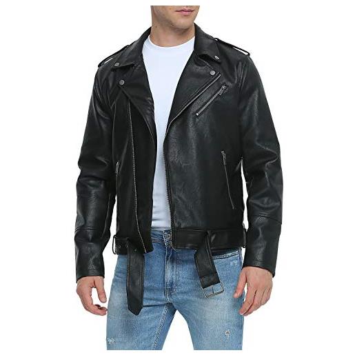Fahsyee giacche in pelle da uomo, bomber finto da uomo, con risvolto da moto, asimmetrico, con cerniera, slim fit, cappotto da motociclista, nero, large