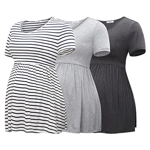 Bearsland top premaman manica corta girocollo allattamento t-shirt abbigliamento gravidanza, grigio scuro & grigio chiaro & strisce bianche, m