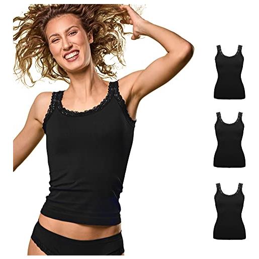 FOCENZA canotta donna in microfibra con dettagli in pizzo, senza cuciture, multipack da 3 pezzi in vari colori, made in italy (nero, l-xl)