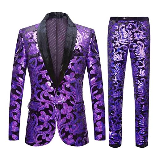 CARFFIV gli uomini alla moda floreale paillettes modello due pezzi set vestiti (s, purple)