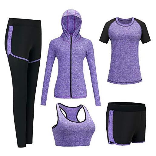 ODWTMRK abbigliamento sportivo da donna tuta da ginnastica yoga suit 5 pezzi completo sportivo fitness running jogging training abbigliamento (b-rosa, s)