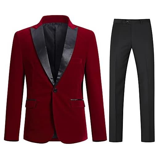 Allthemen abito da uomo 2 pezzi completo da sposa slim fit in velluto casual blazer da smoking pantaloni rosso xl