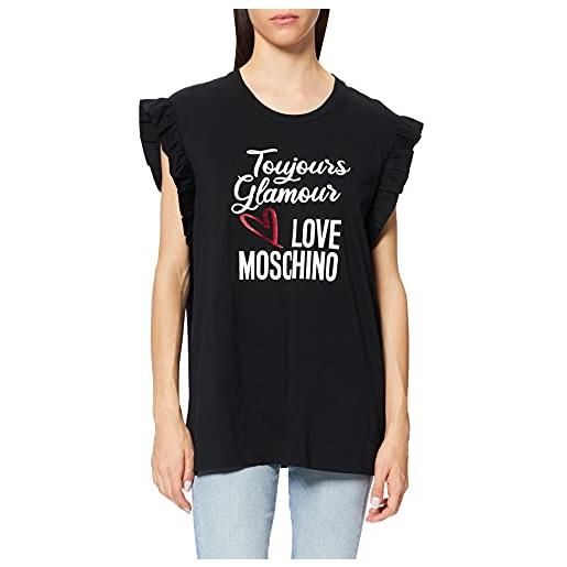 Love Moschino sleeveless t-shirt with small ruffles around the armholes, glitter print of seasonal slogan and logo, nero, 50 donna