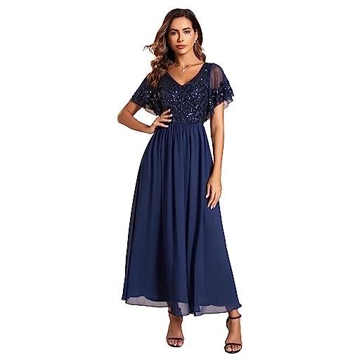 Ever-Pretty vestito da sera mamma lungo chiffon linea ad a scollo a v maniche corte chic abito da cerimonia blu navy 48