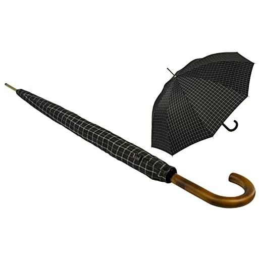 iX-brella ombrello automatico da uomo con manico rotondo in vero legno, nero - check black, 113 cm