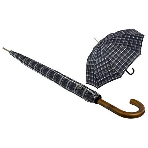 iX-brella ombrello automatico da uomo con manico rotondo in vero legno, check blue, 113 cm, ombrello xxl automatico