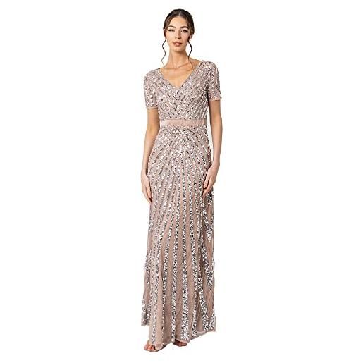 Maya Deluxe maxi womens ladies embellished sequin dress long short sleeve v neck high empire waist a cut shiny prom wedding vestito per damigella d'onore, tortora blush, 42 donna