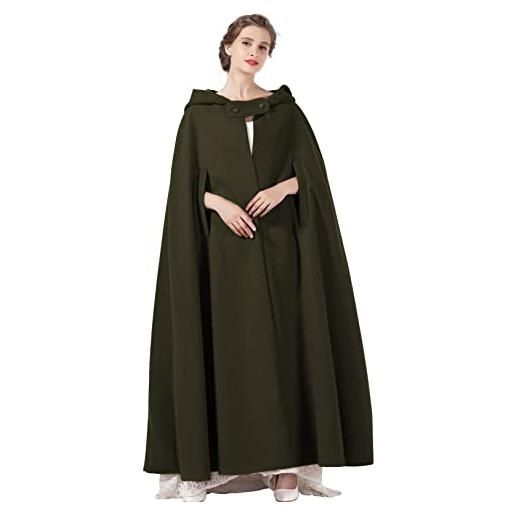 BEAUTELICATE donna mantello con cappuccio inverno misto lana cappotto medievale robe lungo poncho giacca con giromanica per cosplay halloween costume natale (verde cachi - mezza lunghezza 90cm)