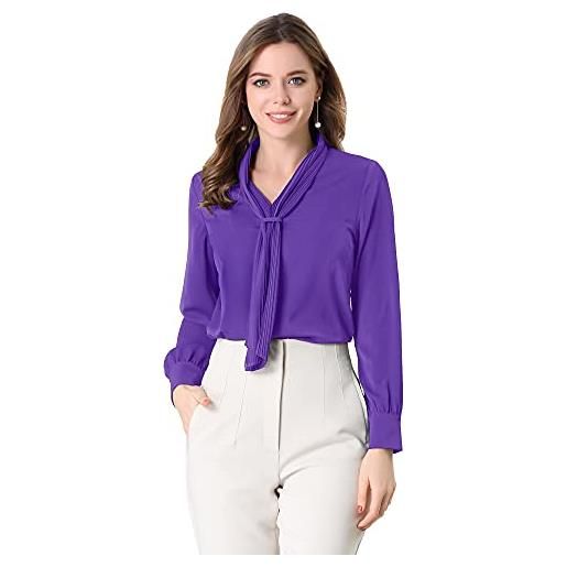 Allegra K camicia da donna elegante da lavoro da ufficio a maniche lunghe con scollo a pieghe, viola, 48