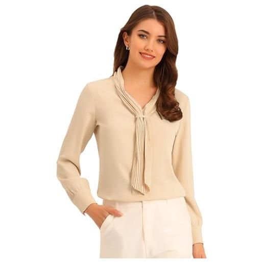 Allegra K elegante camicia da lavoro da donna a maniche lunghe plissettata con scollo a v, beige, l