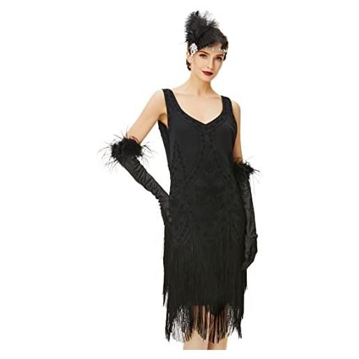 Babeyond - abito da sera da donna in stile anni '20, con paillettes, stile art déco, stile anni '20, nero , m