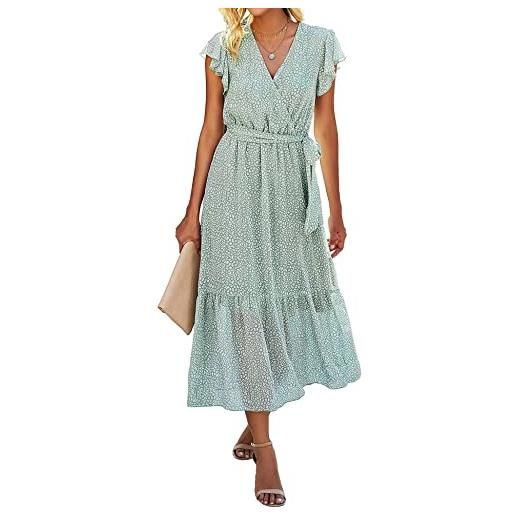 Sevetat - abito lungo da donna in chiffon boho con cintura, abito estivo da festa, elegante scollo a v, maxi abito da sera con volant, abito da spiaggia, abito da cocktail, verde chiaro, s