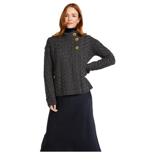 Aran Woollen Mills cardigan irlandese asimmetrico a più cavi in lana (mare irlandese, m)