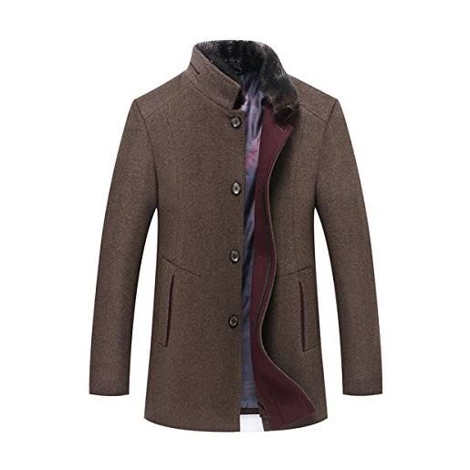 YOUTHUP cappotto da uomo in lana trench invernale imbottito con collo in pelliccia sintetica staccabile, marrone, l