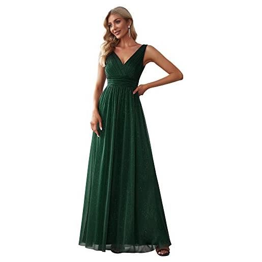 Ever-Pretty vestiti da cerimonia elegante stile impero scollo a v senza maniche plissettato donna verde scuro 48