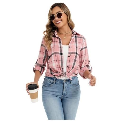Famrrifuu donna classico bluse e camicie quadri flanella camicetta manica lunga casual cotone shirts vintage, blu, l