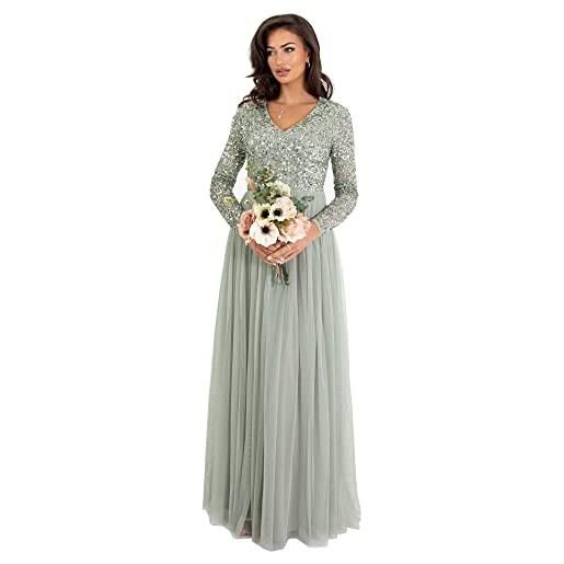 Maya Deluxe womens ladies dress sleeve for wedding guest v neck high empire waist maxi long length evening bridesmaid prom vestiti, giglio verde, 48 donna