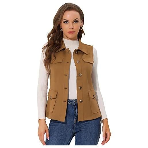 Allegra K giacca da donna in finta pelle scamosciata senza maniche utility button up anorak cargo vest, marrone, 12