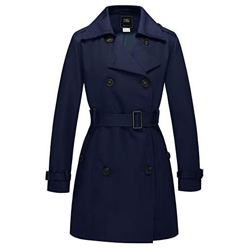 Wantdo trench media lunghezza giacca tempo libero outdoor giubbotto in poliestere sottile cappotto con bottoni antivento donna blu scuro 44