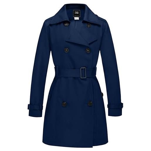 Wantdo trench media lunghezza giacca tempo libero outdoor giubbotto in poliestere sottile cappotto con bottoni antivento donna blu scuro 48