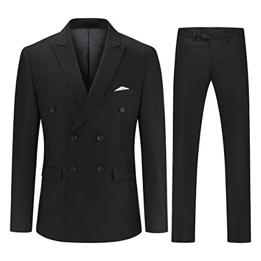 YOUTHUP abito da uomo 2 pezzi completo doppio petto formale slim fit tuta peak lapel giacca e pantaloni nero, 3xl
