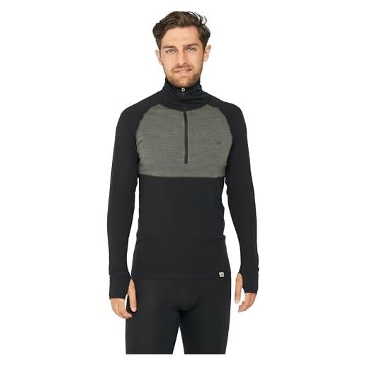 DANISH ENDURANCE maglia termica uomo in lana merino, manica lunga, per sci, trekking, escursionismo mezza zip nero/grigio scuro xl