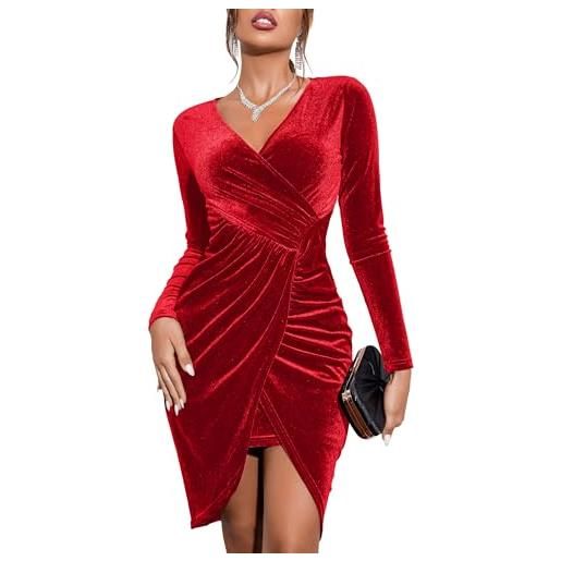 Zeagoo - abito da donna in velluto, a maniche lunghe, elegante, abito da cocktail, con scollo a v, aderente, a vita alta, per feste, discoteca, rosso vivo, s