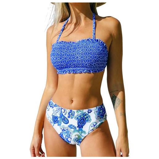 CUPSHE set bikini da donna a due pezzi con fascia superiore e cravatta posteriore a vita media con spalline rimovibili, viola blu floreale, xl (daa12c2l003vvxl)