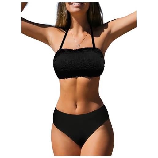 CUPSHE bikini da donna, due pezzi, costume da bagno a fascia con laccetto posteriore a vita media e spalline rimovibili, nero, xl