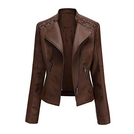 Yynuda, giacca da motociclista da donna in ecopelle, elegante, con cerniera, classica, corta, beige, 4xl