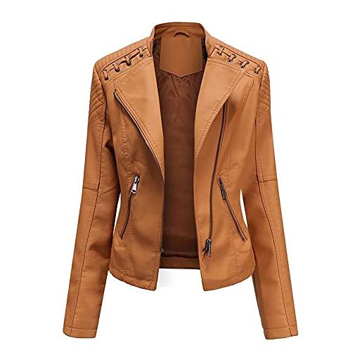 Yynuda, giacca da motociclista da donna in ecopelle, elegante, con cerniera, classica, corta, caff, s