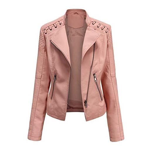Yynuda, giacca da motociclista da donna in ecopelle, elegante, con cerniera, classica, corta, rosa, s